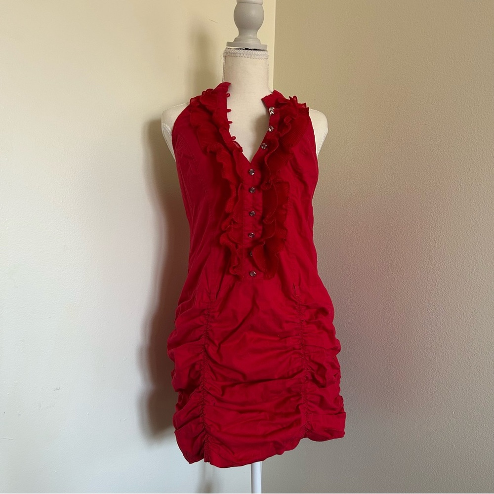 Red Ruffle Halter Mini Dress Ruched Bodycon Button Front